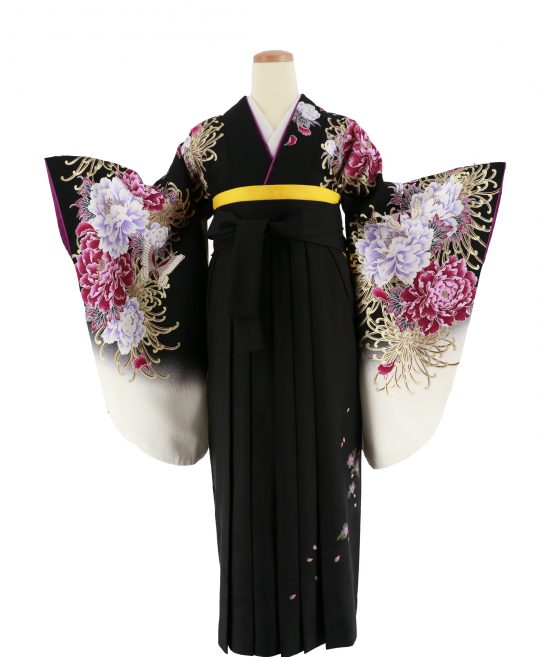 卒業式袴レンタルNo.659[クール]黒×白グラデ・紫牡丹・金菊